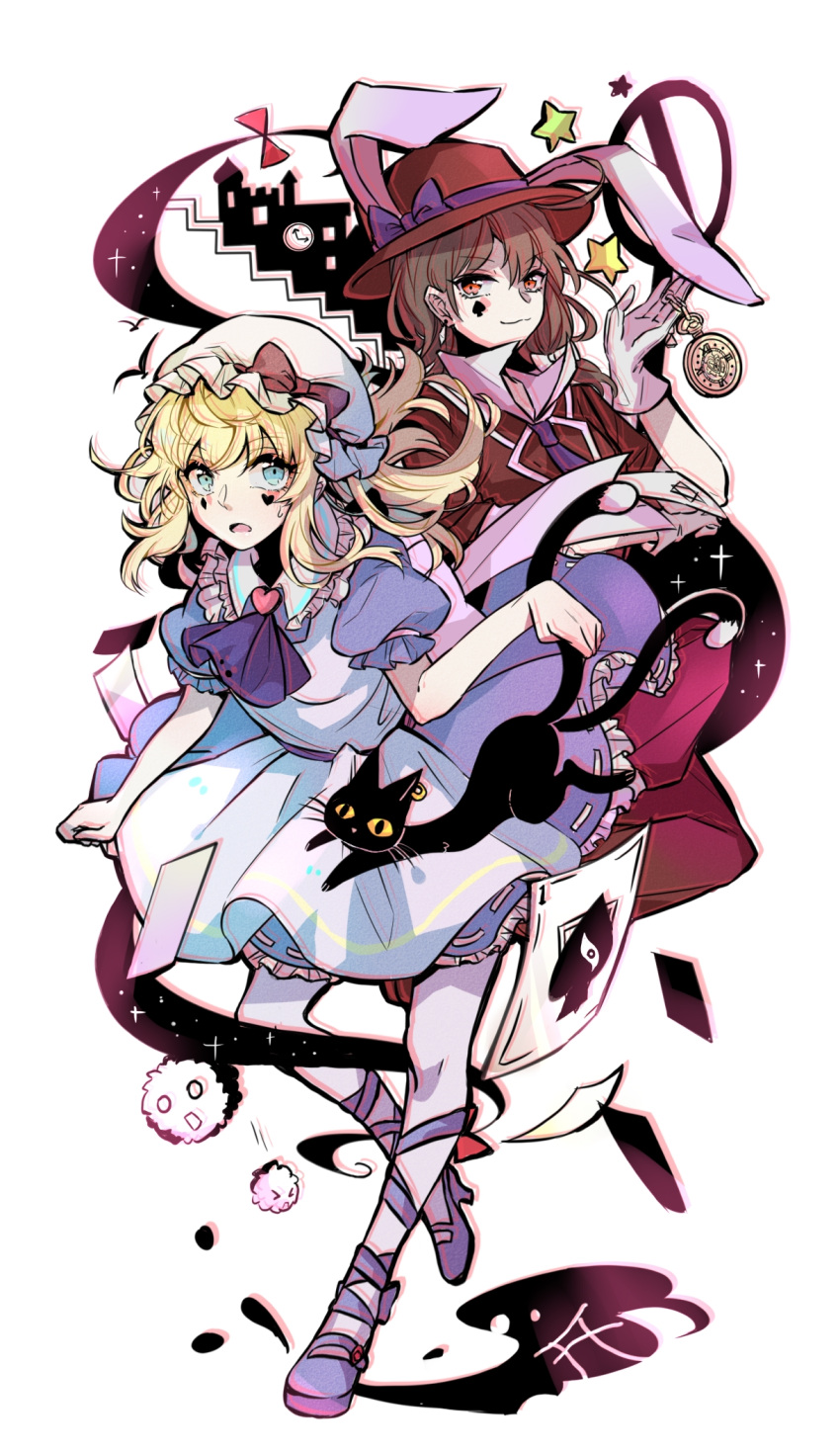 2girls :3 alice_(alice_in_wonderland) alice_(alice_in_wonderland)_(cosplay) alice_in_wonderland animal_ears apron ascot black_cat blonde_hair blue_dress blue_footwear bow brown_hair cat chen chen_(cat) chinese_commentary closed_mouth club_(shape) collared_dress commentary_request cosplay diamond_(shape) dress facial_mark floating_hair full_body gap_(touhou) hat hat_bow heart high_heels highres kedama_(touhou) maribel_hearn medium_hair mob_cap multiple_girls multiple_tails necktie open_mouth pocket_watch puffy_short_sleeves puffy_sleeves purple_ascot purple_bow purple_necktie rabbit_ears red_bow red_headwear red_shirt ribbon-trimmed_dress shirt short_sleeves star_(symbol) tail touhou two_tails usami_renko watch white_apron white_headwear white_rabbit_(alice_in_wonderland) white_rabbit_(alice_in_wonderland)_(cosplay) xingxing_qiaosida