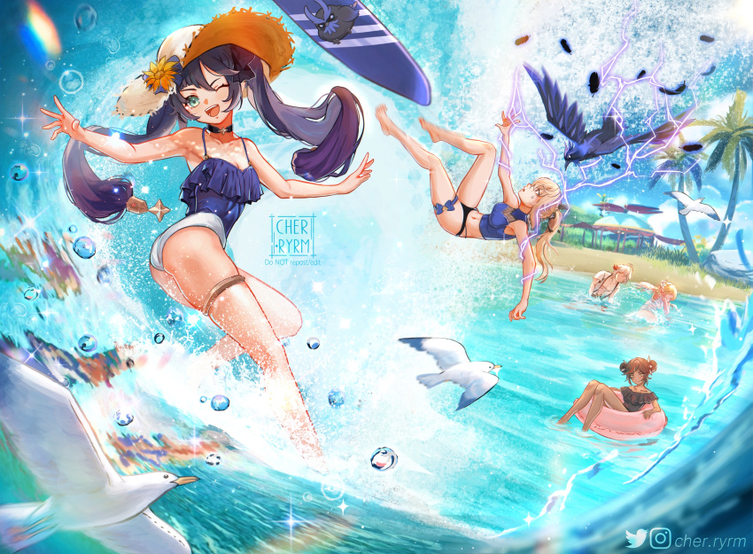 1boy 4girls abs absurdres artist_name ass bare_shoulders beach bikini bird black_hair blonde_hair breasts closed_eyes dark-skinned_female dark_skin eyepatch fischl_(genshin_impact) flower genshin_impact grey_hair hair_between_eyes hair_flower hair_ornament hat hat_flower highres innertube instagram_logo jacket kaedehara_kazuha long_hair lumine_(genshin_impact) medium_breasts mona_(genshin_impact) multicolored_hair multiple_girls muscular muscular_male open_mouth oz_(genshin_impact) purple_hair red_eyes redhead ryrmcher swimsuit twintails twitter_logo upper_body water water_drop waves white_swimsuit xinyan_(genshin_impact) yellow_eyes