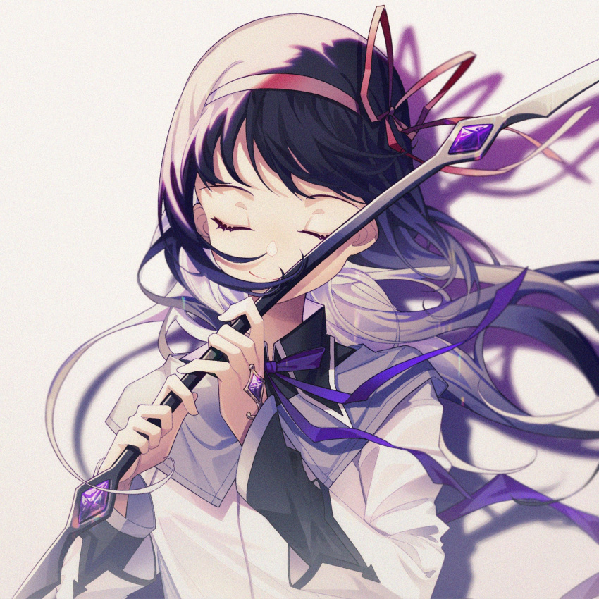 1girl akemi_homura bangs bow_(weapon) capelet chinese_commentary closed_eyes collared_capelet commentary_request drop_shadow facing_viewer gem hair_ribbon hairband hands_up highres holding holding_bow_(weapon) holding_weapon jacket long_hair long_sleeves mahou_shoujo_madoka_magica neck_ribbon no_nonet purple_capelet purple_gemstone purple_hair red_hairband red_ribbon ribbon simple_background smile solo upper_body weapon white_background white_jacket