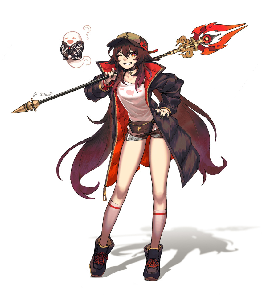 1girl ? absurdres alternate_costume bangs baseball_cap black_coat boo_tao_(genshin_impact) brown_eyes brown_hair brown_headwear brown_nails coat collarbone commentary contrapposto drip_(meme) english_commentary fake_nails fang fanny_pack flower-shaped_pupils full_body genshin_impact ghost gold_trim gradient_hair hair_between_eyes hair_flaps hand_on_hip hand_up hat heel_up high_collar high_tops highres holding holding_polearm holding_weapon hu_tao_(genshin_impact) kneehighs long_hair long_sleeves looking_at_viewer meme multicolored_clothes multicolored_coat multicolored_hair multicolored_headwear one_eye_closed open_clothes open_coat open_mouth over_shoulder polearm red_coat red_headwear redhead shirt shoes short_shorts shorts sidelocks simple_background smile sneakers socks solo split_mouth staff_of_homa_(genshin_impact) standing symbol-shaped_pupils teeth twintails twitter_username very_long_hair weapon weapon_over_shoulder white_background white_shirt white_socks zhaoyuan_pan zipper zipper_pull_tab