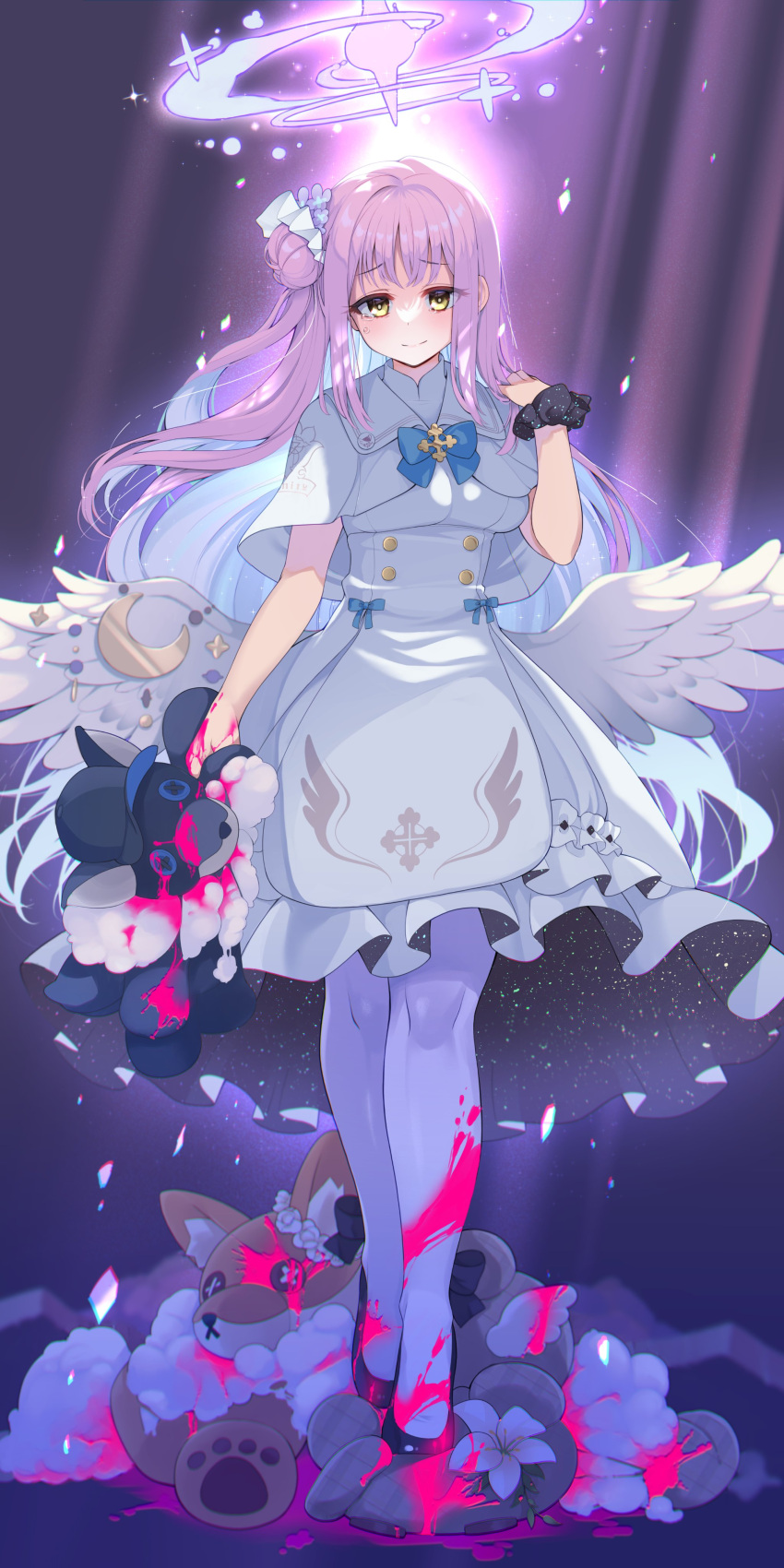 1girl absurdres angel angel_wings blood blue_archive breasts crying crying_with_eyes_open dress flower hair_ornament halo highres holding holding_toy large_breasts long_hair looking_at_viewer mika_(blue_archive) pantyhose pink_hair sacha sailor_collar sailor_dress shoes side_ponytail smile solo standing stuffed_toy tears toy white_dress white_pantyhose wings yellow_eyes