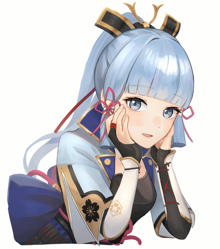 1girl arc_pic armor bangs blunt_bangs genshin_impact genshin_impact_sticker_redraw_(meme) grey_eyes hair_ribbon hands_on_own_cheeks hands_on_own_face highres japanese_armor japanese_clothes kamisato_ayaka light_blue_hair long_hair looking_at_viewer meme mole mole_under_eye parted_lips pink_ribbon red_ribbon ribbon sidelocks simple_background solo tress_ribbon upper_body very_long_hair