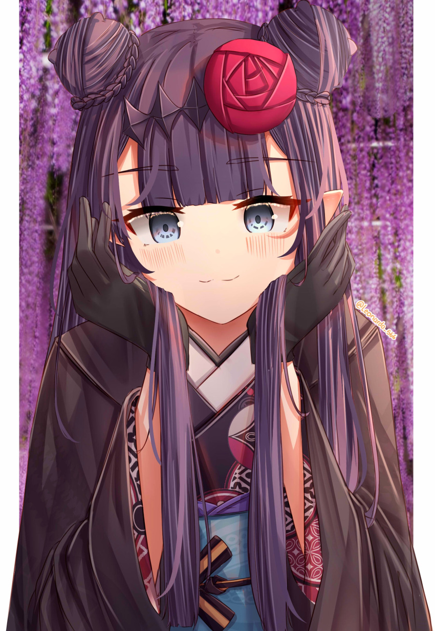 1girl absurdres bangs black_gloves blue_eyes blunt_bangs commentary commission double_bun english_commentary flower gloves hair_bun headpiece highres hololive hololive_english japanese_clothes kimono leonardo_566 long_hair long_sleeves looking_at_viewer ninomae_ina'nis pointy_ears purple_hair second-party_source sidelocks smile solo very_long_hair virtual_youtuber