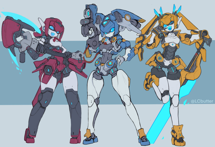 3girls absurdres batayu blue_eyes blue_sclera blue_tongue closed_mouth colored_sclera colored_tongue expressionless fang highres holding holding_weapon looking_at_viewer mecha_musume multiple_girls one_eye_closed open_mouth original robot smile twitter_username weapon
