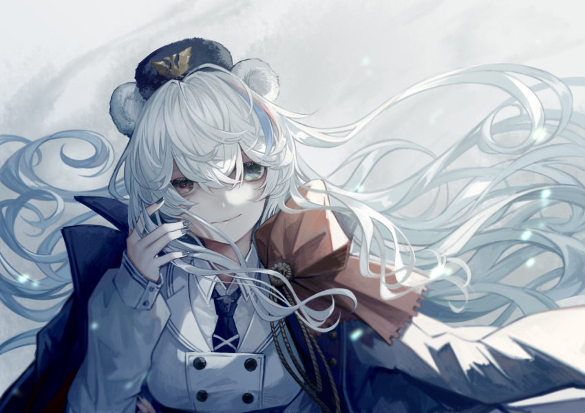 1girl absurdres animal_ears arknights bangs bear_ears bear_girl blue_eyes blue_hair blue_headwear blue_jacket blue_nails blue_necktie buttons closed_mouth coat coat_on_shoulders collared_shirt commentary heterochromia highres jacket long_hair long_sleeves looking_at_viewer miike_(992058) multicolored_hair nail_polish necktie red_eyes red_ribbon redhead ribbon rosa_(arknights) shirt solo streaked_hair upper_body ursus_empire_logo white_coat white_hair white_shirt wing_collar