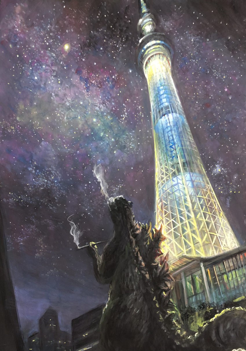 1boy absurdres building city cityscape commentary_request faux_traditional_media from_behind g.n.a giant glowing godzilla godzilla_(series) highres holding holding_smoking_pipe kaijuu landmark monster monsterverse night night_sky no_humans parody real_world_location scenery sky skyscraper smoke smoking smoking_pipe solo standing star_(sky) starry_sky tail tokyo_sky_tree tower