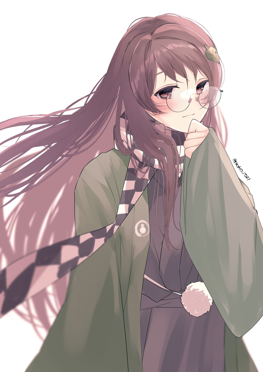 1girl absurdres aoko_(myut7287) artist_name bangs checkered_clothes checkered_scarf closed_mouth forbidden_scrollery futatsuiwa_mamizou futatsuiwa_mamizou_(human) glasses green_kimono highres japanese_clothes kimono leaf leaf_on_head long_hair long_sleeves looking_at_viewer raccoon_girl scarf simple_background smile solo touhou white_background