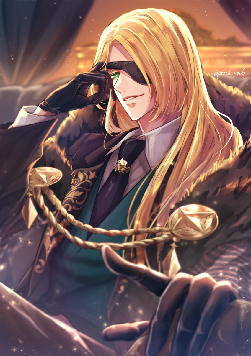 1boy adjusting_eyepatch black_gloves black_necktie blonde_hair blurry camus_(yumekuro) collared_shirt couch depth_of_field eyepatch gloves green_eyes highres light_particles long_hair looking_at_viewer male_focus military military_uniform necktie outstretched_arm shirt sitting smile solo sparkle straight_hair uniform user_xmej7725 yumekuro