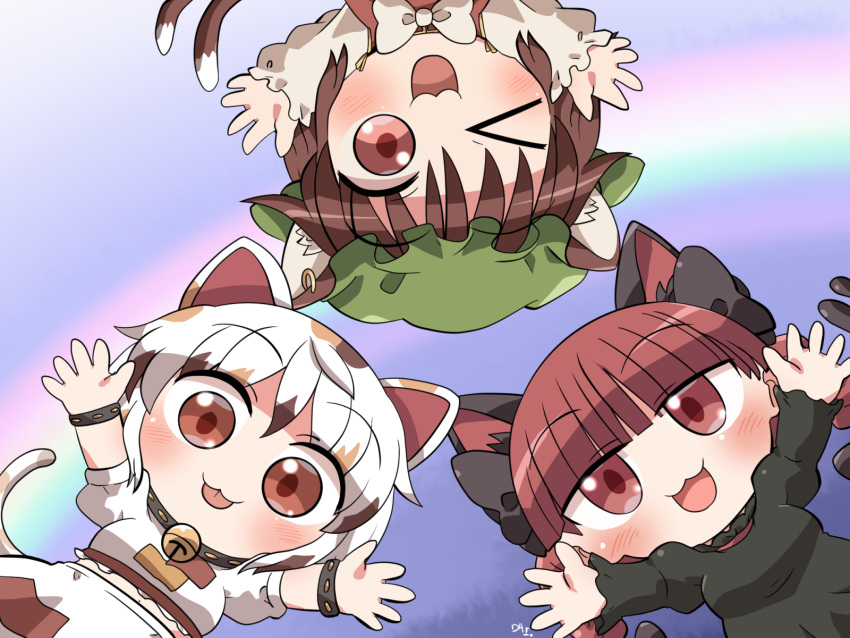 3girls :3 :d animal_ears arms_up bell bow brown_eyes cat_ears cat_tail chen collar dress from_below goutokuji_mike happy highres jingle_bell kaenbyou_rin multiple_girls multiple_tails neck_bell nekomata one_eye_closed open_hand open_hands open_mouth outstretched_arms outstretched_hand palms pov rokugou_daisuke smile spread_fingers tail touhou two_tails waving