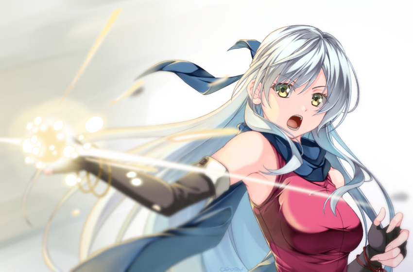 1girl :o armpits bangs bare_shoulders black_gloves blue_scarf blurry bracelet depth_of_field dress elbow_gloves fingerless_gloves fire_emblem fire_emblem:_radiant_dawn gloves grey_hair hair_ribbon half_updo jewelry light_particles long_hair micaiah_(fire_emblem) open_mouth ribbon scarf simple_background sinosinof sleeveless sleeveless_dress solo upper_body v-shaped_eyebrows yellow_eyes