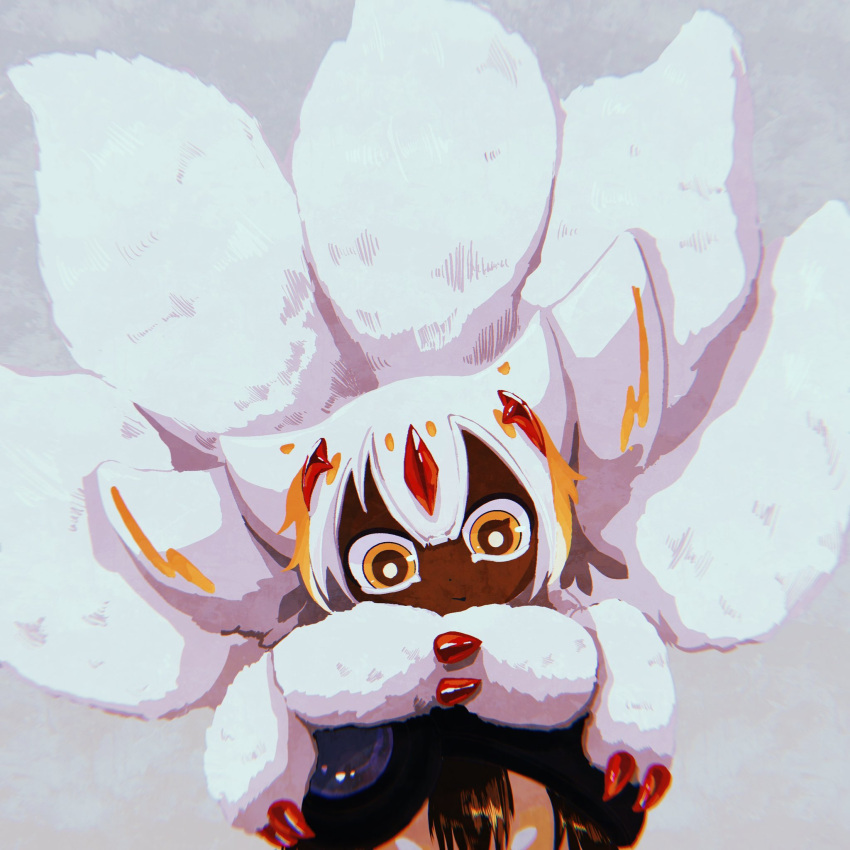 .png 1boy 1girl brown_hair claws dark_skin extra_arms faputa fewer_digits helmet highres made_in_abyss monster_girl multiple_tails regu_(made_in_abyss) sitting sitting_on_head sitting_on_person solo_focus tail very_dark_skin white_fur