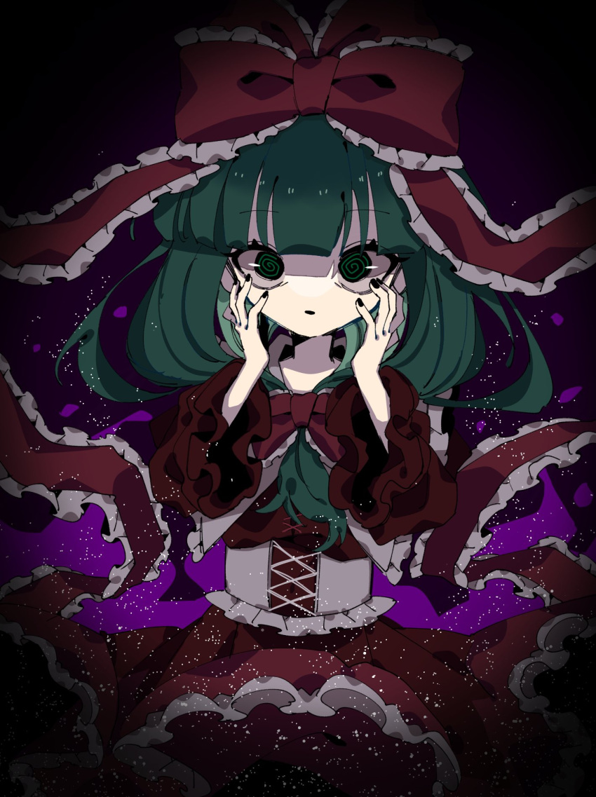 1girl @_@ aura bangs black_background black_nails blunt_bangs bow commentary corset cowboy_shot dress frilled_dress frilled_ribbon frills green_eyes green_hair hair_bow hands_on_own_head highres kagiyama_hina light_particles long_hair looking_at_viewer open_mouth red_bow red_dress red_ribbon ribbon roamu_65 simple_background sleeves_past_elbows solo symbol-only_commentary touhou white_corset wide_sleeves
