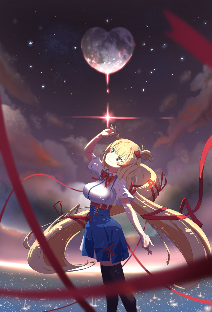 1girl absurdres akai_haato aqua_eyes black_thighhighs blonde_hair blue_skirt blush breasts commentary dcadca3 english_commentary hair_ornament heart heart_hair_ornament highres hololive korean_commentary large_breasts long_hair looking_up mixed-language_commentary moon ribbon_hair shirt skirt sky smile star_(sky) starry_sky thigh-highs twintails underbust very_long_hair virtual_youtuber water white_shirt zettai_ryouiki
