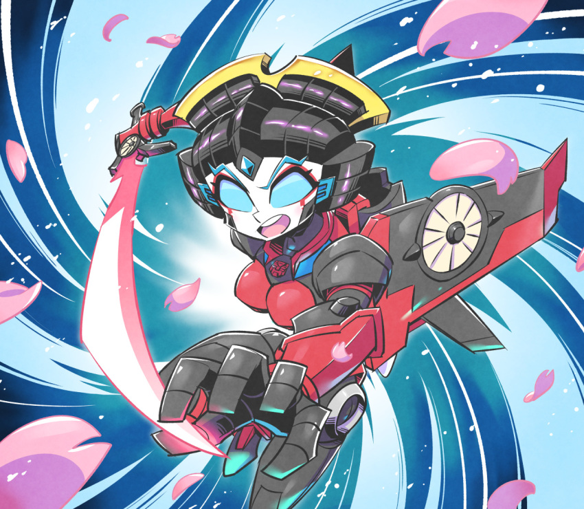 1girl autobot blue_eyes charging_forward chibi dynamic_pose energy_sword holding holding_sword holding_weapon looking_at_viewer mecha_musume mechanical_wings no_pupils open_mouth petals robot solo sunafuki_tabito sword transformers weapon windblade wings