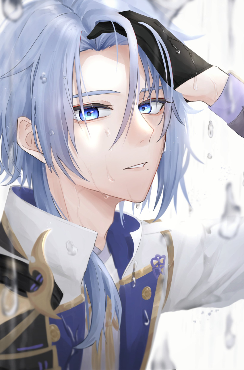 1boy absurdres arc_pic bangs black_gloves blue_eyes blue_hair genshin_impact gloves hair_between_eyes hand_in_own_hair highres japanese_clothes kamisato_ayato long_sleeves looking_at_viewer male_focus mole mole_under_eye parted_lips portrait simple_background solo water_drop wet wet_hair white_background