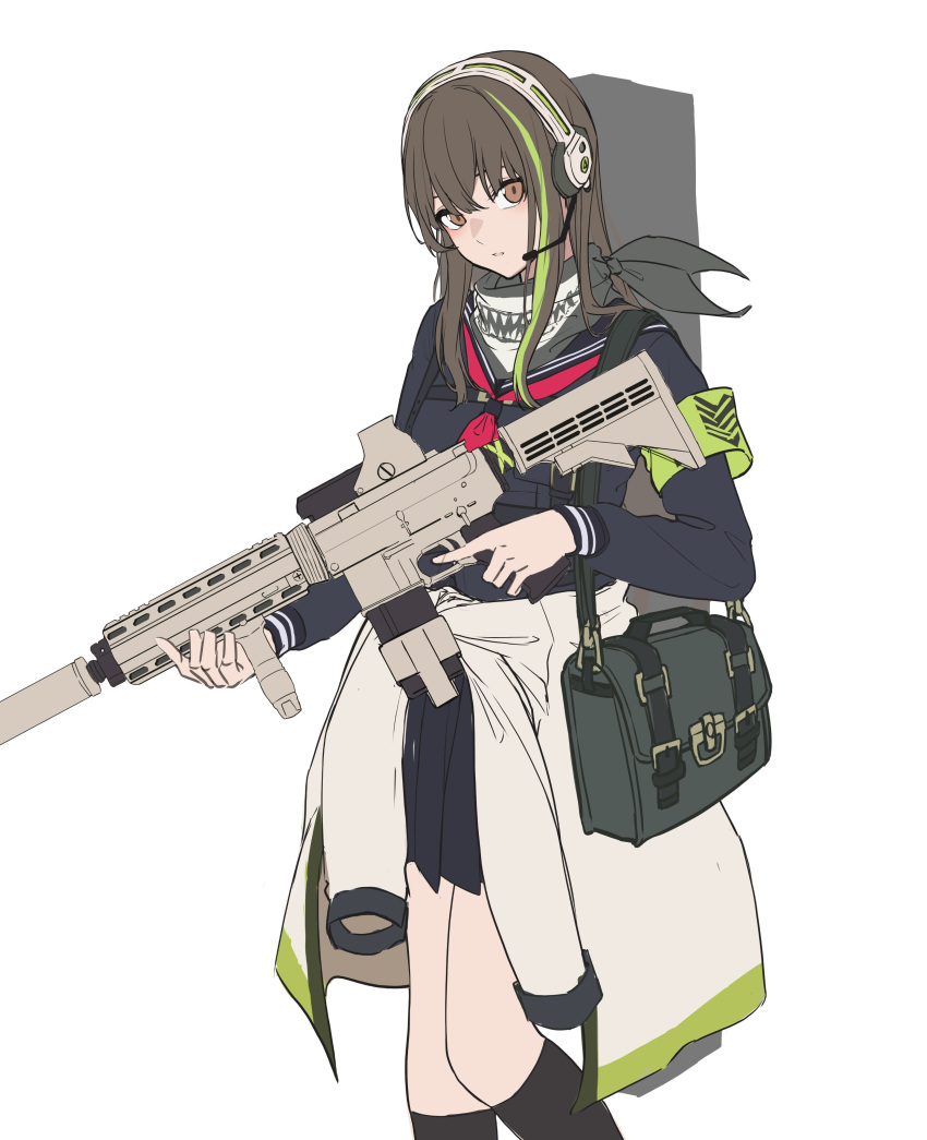 1girl 3_small_spiders absurdres alternate_costume assault_rifle bag bangs black_scarf blue_serafuku blue_skirt blush brown_eyes brown_hair closed_mouth clothes_around_waist commentary feet_out_of_frame girls_frontline gun harness headset highres holding holding_bag holding_gun holding_weapon jacket jacket_around_waist long_hair long_sleeves looking_at_viewer m4_carbine m4a1_(girls'_frontline) multicolored_hair rifle scarf school_uniform serafuku skirt socks solo standing streaked_hair weapon white_background white_jacket