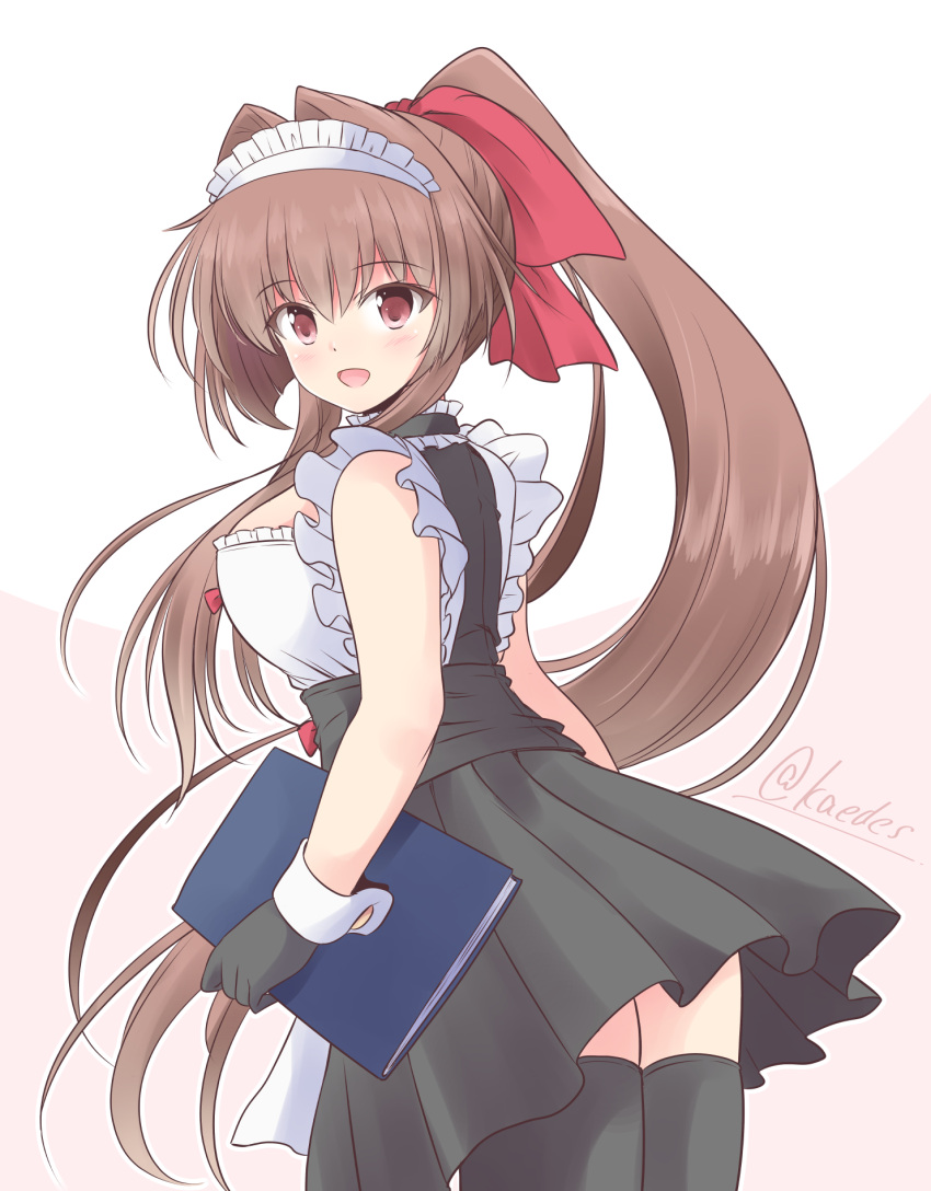 1girl alternate_costume black_gloves black_thighhighs breasts brown_hair cowboy_shot enmaided gloves hair_intakes hair_ribbon highres icesherbet kantai_collection large_breasts long_hair maid maid_headdress ponytail red_eyes red_ribbon ribbon sidelocks solo standing thigh-highs wrist_cuffs yamato_(kancolle)