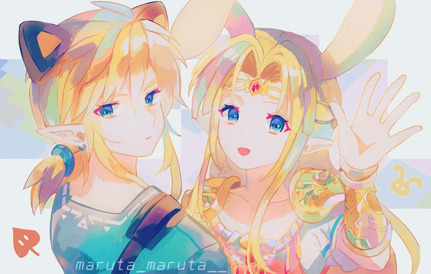 1boy 1girl animal_ears animalization armor bangs blonde_hair blue_eyes blue_tunic bracer cat_ears circlet dress earrings hair_between_eyes hair_ornament hand_up highres jewelry leaf link long_hair looking_at_viewer low_ponytail maruta_maruta medium_hair open_mouth parted_bangs pink_dress pointy_ears princess_zelda rabbit rabbit_ears short_ponytail shoulder_armor shoulder_strap sidelocks smile super_smash_bros. the_legend_of_zelda twitter_username upper_body waving white_background