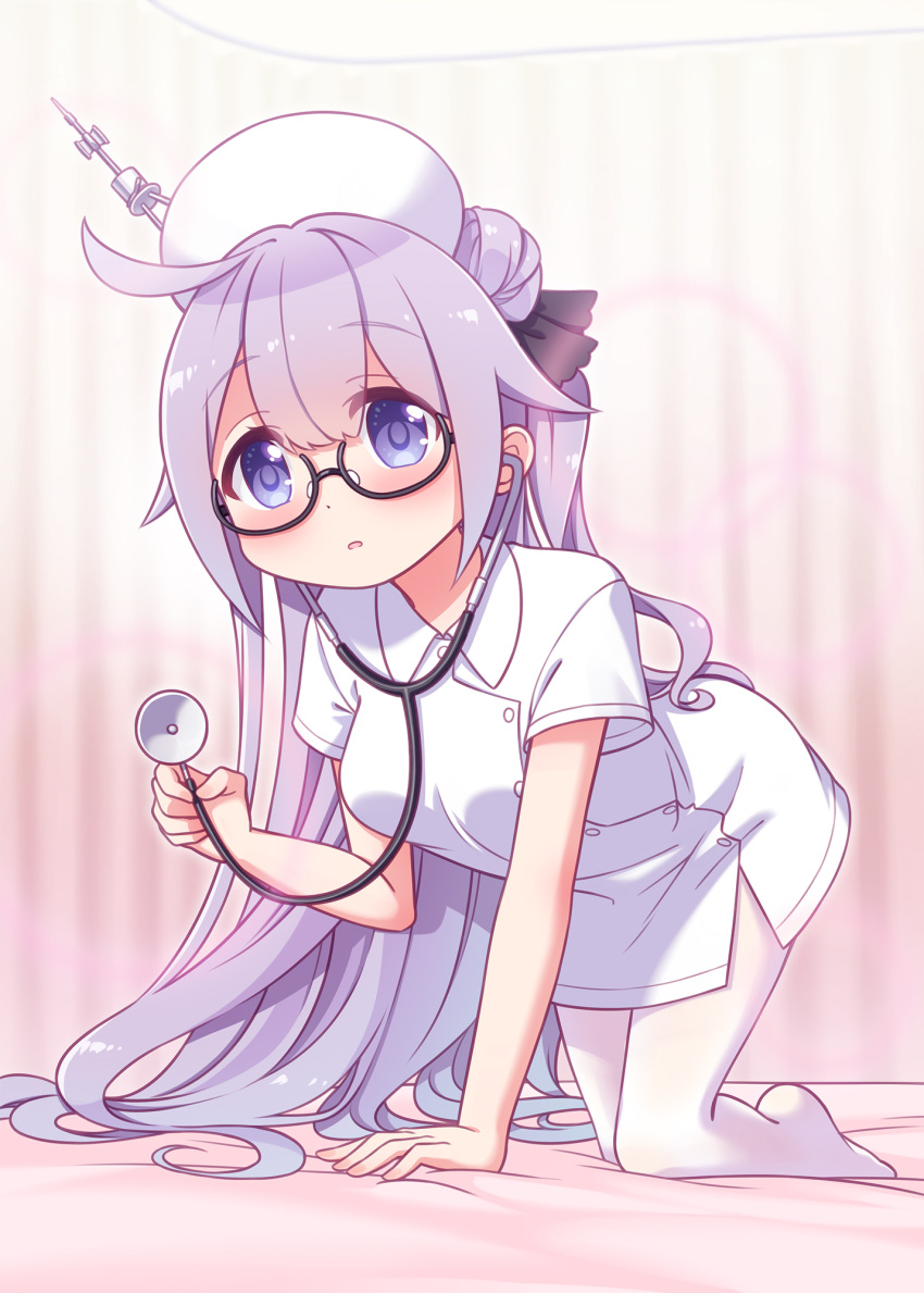 1girl all_fours azur_lane bespectacled black-framed_eyewear black_ribbon blush breasts commentary_request glasses hair_bun hair_ribbon harada_(sansei_rain) hat highres long_hair medium_breasts no_shoes nurse nurse_cap one_side_up pantyhose parted_lips purple_hair ribbon semi-rimless_eyewear short_sleeves single_side_bun solo stethoscope under-rim_eyewear unicorn_(azur_lane) very_long_hair violet_eyes white_pantyhose