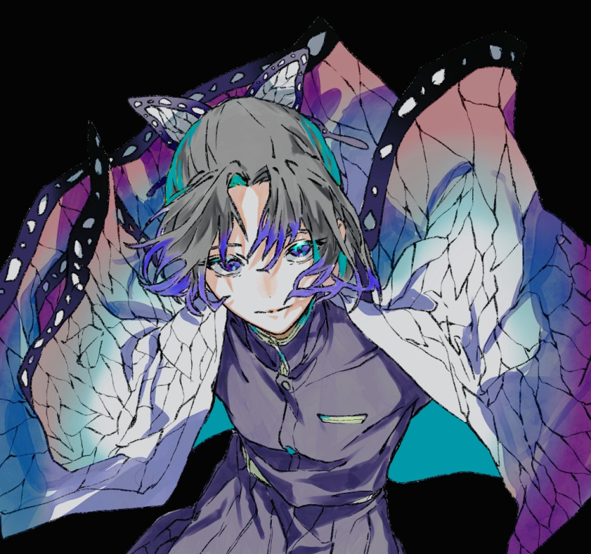 1girl black_background butterfly_hair_ornament closed_mouth grey_hair hair_between_eyes hair_ornament hino_tsukasa japanese_clothes kimetsu_no_yaiba kochou_shinobu looking_at_viewer multicolored_hair patterned patterned_clothing purple_hair short_hair simple_background solo tagme violet_eyes