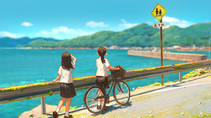 2girls absurdres bicycle black_hair black_skirt chinese_commentary commentary_request from_behind ground_vehicle guard_rail highres hua_ming_wink long_hair mountain multiple_girls ocean original outdoors pointy_ears ponytail road road_sign scenery school_uniform shirt sign skirt walking water white_shirt