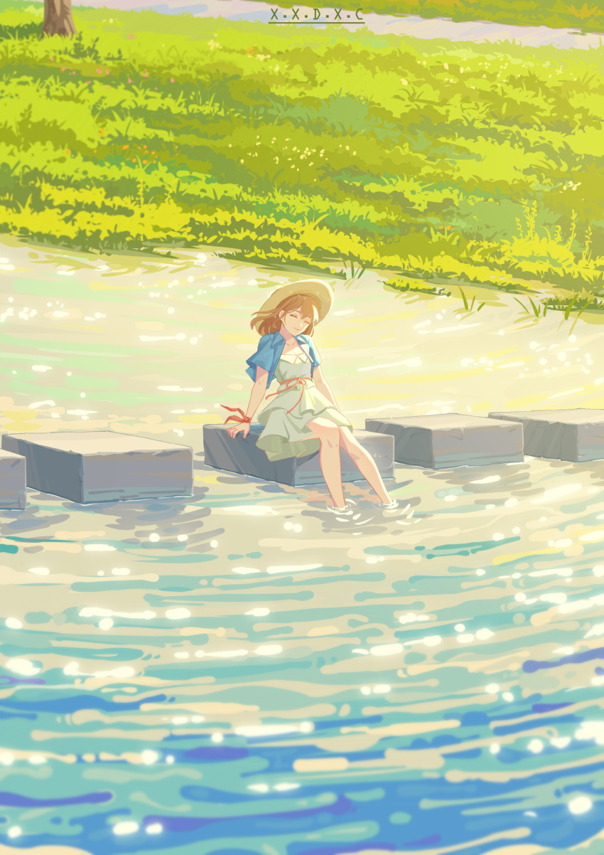 1girl 809218622 absurdres blue_shirt brown_hair closed_eyes closed_mouth commentary_request dress highres long_hair open_clothes open_shirt original outdoors shirt short_sleeves sitting smile soaking_feet solo water white_dress