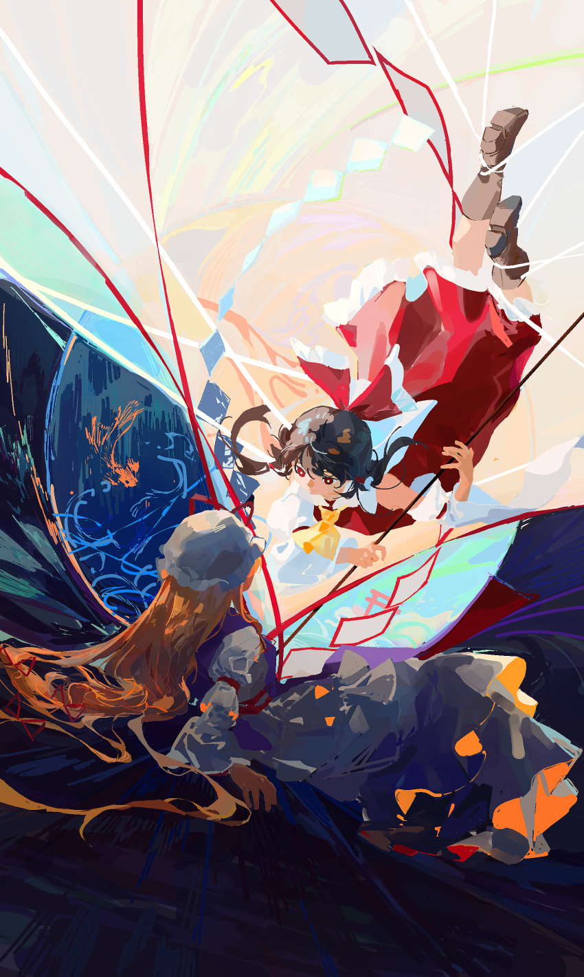 2girls absurdres ascot bangs blonde_hair boots bow bright_pupils brown_footwear brown_hair closed_mouth commentary_request detached_sleeves dress entangled face-to-face fish frilled_bow frills full_body gohei hair_bow hair_tubes hakurei_reimu hat hat_ribbon highres holding_gohei iwapd3 long_hair long_sleeves looking_at_another lying mob_cap multiple_girls purple_tabard red_bow red_dress red_eyes red_ribbon ribbon torii touhou water white_dress white_headwear white_pupils white_sleeves yakumo_yukari yellow_ascot