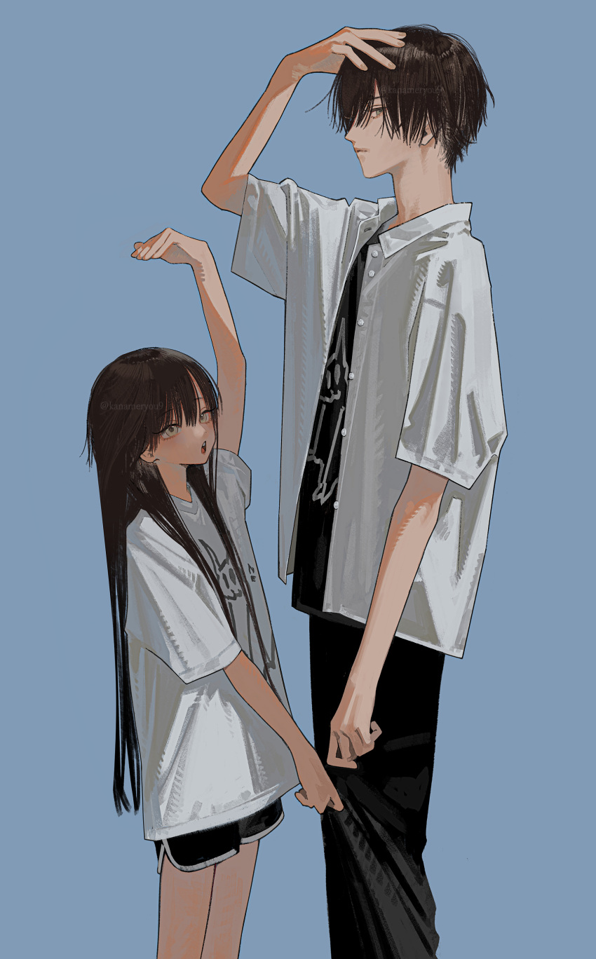 1boy 1girl absurdres arm_up black_pants brother_and_sister brown_hair collared_shirt commentary feet_out_of_frame grey_eyes height_difference highres honnryou_hanaru long_hair open_clothes open_mouth open_shirt original pants ruri_honjou shirt shorts siblings simple_background t-shirt twitter_username white_shirt