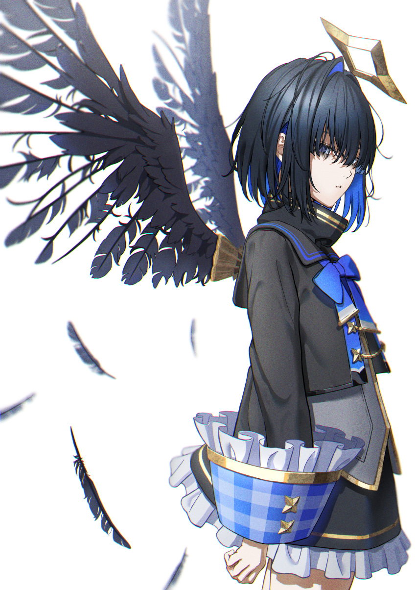 1girl absurdres alternate_color alternate_hair_color amane_kanata black_hair black_jacket black_skirt black_wings blue_eyes blue_hair closed_mouth colored_inner_hair cowboy_shot feathered_wings feathers frilled_jacket frilled_skirt frilled_sleeves frills from_side halo highres hololive jacket long_sleeves looking_to_the_side multicolored_hair otomi_yuki short_hair simple_background skirt solo standing star_halo turtleneck virtual_youtuber white_background wings
