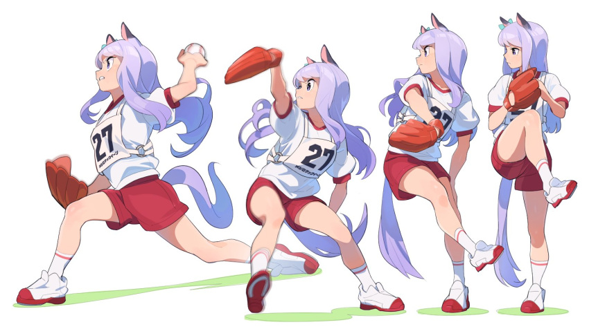 1girl animal_ears arm_up ball bangs baseball baseball_mitt clenched_teeth gym_uniform highres holding holding_ball horse_ears horse_girl horse_tail leg_up mejiro_mcqueen_(umamusume) motion_blur nishiki_kazue outstretched_arms pitching playing_sports purple_hair race_bib red_shorts sequential shirt shoes short_sleeves shorts sneakers socks solo standing standing_on_one_leg tail teeth umamusume violet_eyes white_background white_shirt white_socks