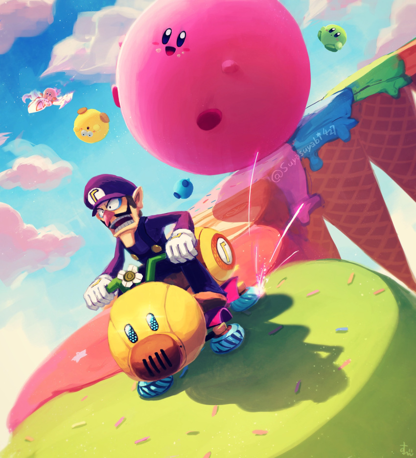 1boy black_overalls blue_sky dragoon_(kirby) elf facial_hair hal_laboratory_inc. highres human ice_cream_cone kirby kirby's_dream_buffet kirby_(series) kirby_air_ride mario_kart mustache nintendo nintendo_ead overalls pink_puff_ball pointy_ears purple_headwear purple_shirt scared shirt sky smile sprinkles super_mario_bros. super_smash_bros. suyasuyabi twitter_username waluigi what