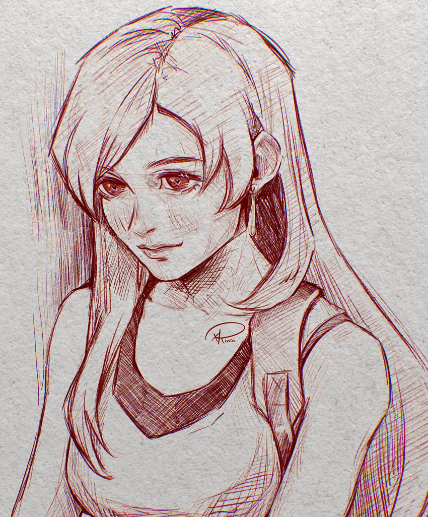 1girl absurdres asymmetrical_hair bare_shoulders black_sports_bra breasts crosshatching earrings final_fantasy final_fantasy_vii final_fantasy_vii_remake hatching_(texture) highres jewelry large_breasts long_hair looking_to_the_side red_eyes shirt sketch sleeveless sleeveless_shirt smile solo sports_bra suspenders teardrop_earring tifa_lockhart upper_body white_background white_shirt xriviia