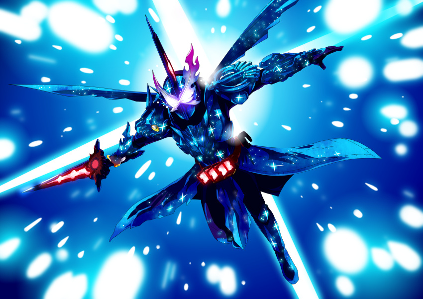 1boy absurdres armor asymmetrical_armor asymmetrical_gloves bird blue_background blue_gloves blue_scarf blue_theme capelet commentary_request dragon full_body gloves hawk highres holding holding_sword holding_weapon kamen_rider kamen_rider_saber kamen_rider_saber_(series) kamen_rider_xross_saber male_focus mask mismatched_gloves otokamu rider_belt scarf sparkle sword weapon white_eyes wonder_ride_book yellow_gloves