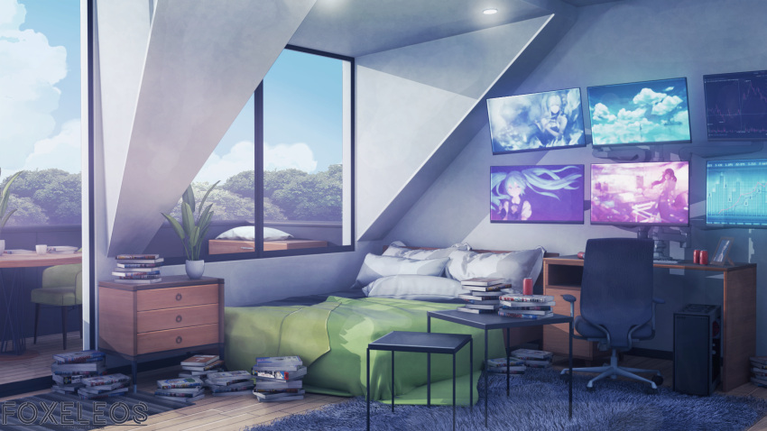 3d artist_name balcony bed blanket blender_(medium) blue_sky book book_stack can carpet ceiling ceiling_light chair clouds cloudy_sky commentary computer day desk doorway drawer english_commentary floor foxeleos hatsune_miku highres indoors keyboard_(computer) monitor nightstand no_humans office_chair original photo_(object) photoshop_(medium) pillow plant potted_plant round_table scenery sky table tree vocaloid wall watermark window wooden_floor wooden_table
