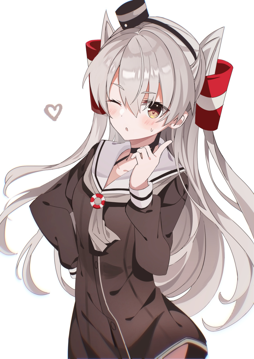 1girl absurdres amatsukaze_(kancolle) black_dress blush brown_eyes cowboy_shot dress fathom grey_hair hair_between_eyes hair_tubes heart highres kantai_collection long_hair long_sleeves one_eye_closed parted_lips sailor_collar sailor_dress simple_background solo two_side_up white_background white_sailor_collar windsock