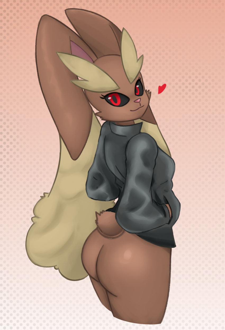 1girl :3 animal_ears ass furry furry_female gen_4_pokemon jacket looking_at_viewer looking_back lopunny pokemon pokemon_(creature) rabbit_girl springtanuki