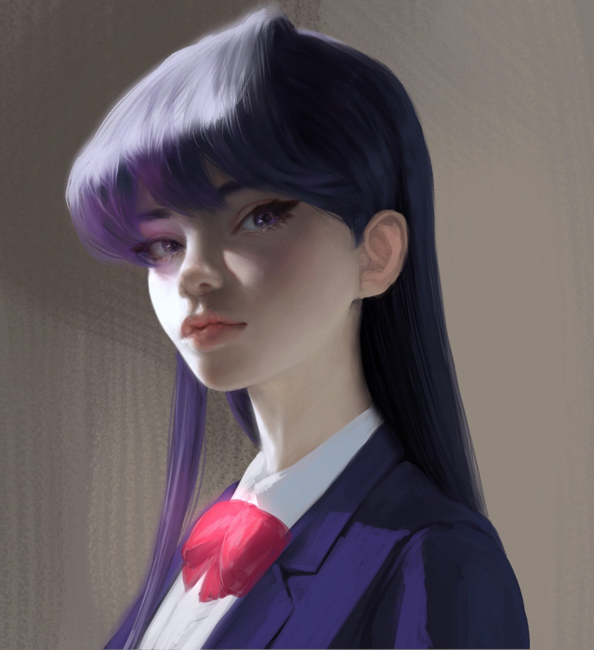 1girl blazer blue_jacket bow bowtie collared_shirt expressionless grey_background hair_between_eyes hair_over_shoulder highres honeybunny-art jacket komi-san_wa_komyushou_desu komi_shouko long_hair looking_at_viewer portrait purple_hair red_bow red_bowtie shirt solo upper_body violet_eyes white_shirt