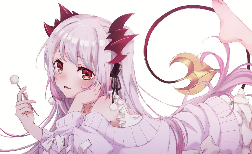 1girl akihiko_05 barefoot demon_tail hair_ornament highres honey_strap long_hair long_sleeves looking_at_viewer lying mimikaki on_stomach pink_hair red_eyes simple_background suou_patra tail white_background