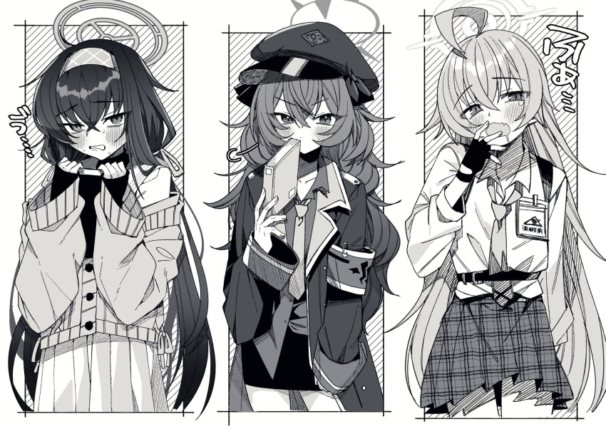 3girls ahoge arm_at_side armband bangs belt blue_archive blush book box cardboard_box clenched_teeth closed_mouth coat coat_on_shoulders collared_shirt covering_mouth drooling fang fingerless_gloves gloves greyscale hairband halo hand_up hands_up hat highres holding holding_book hoshino_(blue_archive) id_card iroha_(blue_archive) long_hair long_sleeves looking_at_viewer monochrome mouth_drool multiple_girls necktie oomori_(kswmr) open_mouth peaked_cap raised_eyebrows shirt skirt sweat tearing_up teeth ui_(blue_archive) v-shaped_eyebrows yawning
