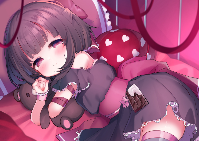 1girl absurdres arm_ribbon bangs bare_shoulders black_dress blush bow brown_hair child chocolate choker commission commissioner_upload criss-cross_halter dress fallenshadow flat_chest food-themed_clothes food-themed_ornament frilled_dress frilled_socks frills grey_thighhighs hair_bow halterneck highres indie_virtual_youtuber leg_ribbon looking_at_viewer lying medium_hair off_shoulder on_bed pillow pink_background pink_bow pink_choker pink_eyes pink_ribbon ribbon ribbon_choker short_dress sidelocks single_thighhigh single_wrist_cuff skeb_commission smile socks solo stuffed_toy thigh-highs thighs virtual_youtuber waist_bow wrist_cuffs yinpa_(wanone500511) zettai_ryouiki