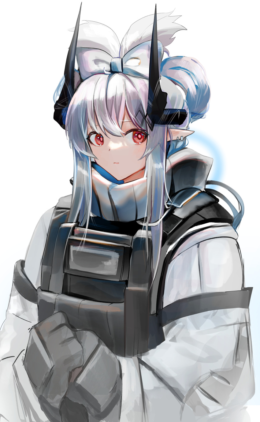 absurdres alternate_hairstyle arknights black_gloves bow bulletproof_vest cinnamiku closed_mouth earrings gloves grey_hair hair_bow highres jewelry long_hair long_sleeves looking_at_viewer mudrock_(arknights) own_hands_together pointy_ears red_eyes sidelocks smile upper_body wawamachi_(wawamachis) white_bow