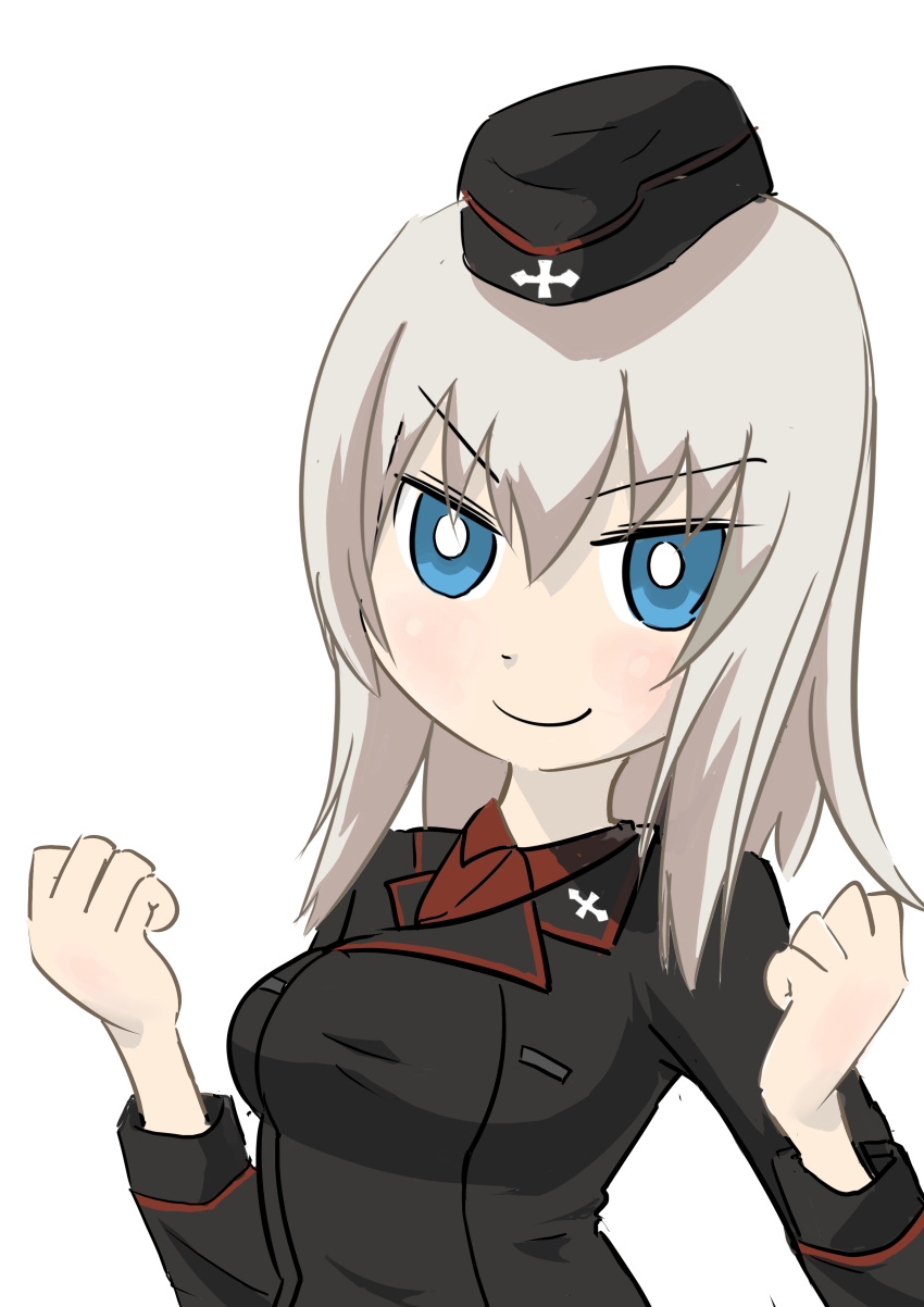 1girl absurdres bangs black_headwear black_jacket blue_eyes bright_pupils clenched_hands closed_mouth commentary dress_shirt garrison_cap girls_und_panzer grey_hair hat highres insignia itsumi_erika jacket kumanoko_(xtakatox) kuromorimine_military_uniform long_sleeves looking_at_viewer medium_hair military military_hat military_uniform red_shirt shirt simple_background smile solo uniform upper_body v-shaped_eyebrows w_arms white_background white_pupils wing_collar