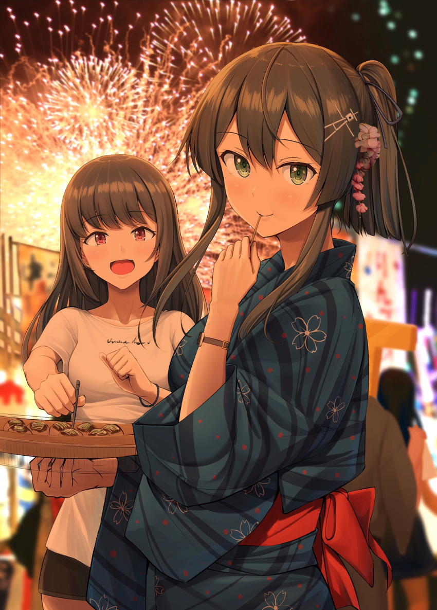 1boy 3girls alternate_costume alternate_hairstyle asashio_(kancolle) black_hair blue_kimono breasts casual collarbone commentary_request cowboy_shot festival fireworks floral_print flower food green_eyes hair_flower hair_ornament hayashio_(kancolle) highres ichikawa_feesu japanese_clothes kantai_collection kimono long_hair medium_breasts multiple_girls night oyashio_(kancolle) ponytail red_eyes revision shirt striped striped_kimono t-head_admiral t-shirt takoyaki