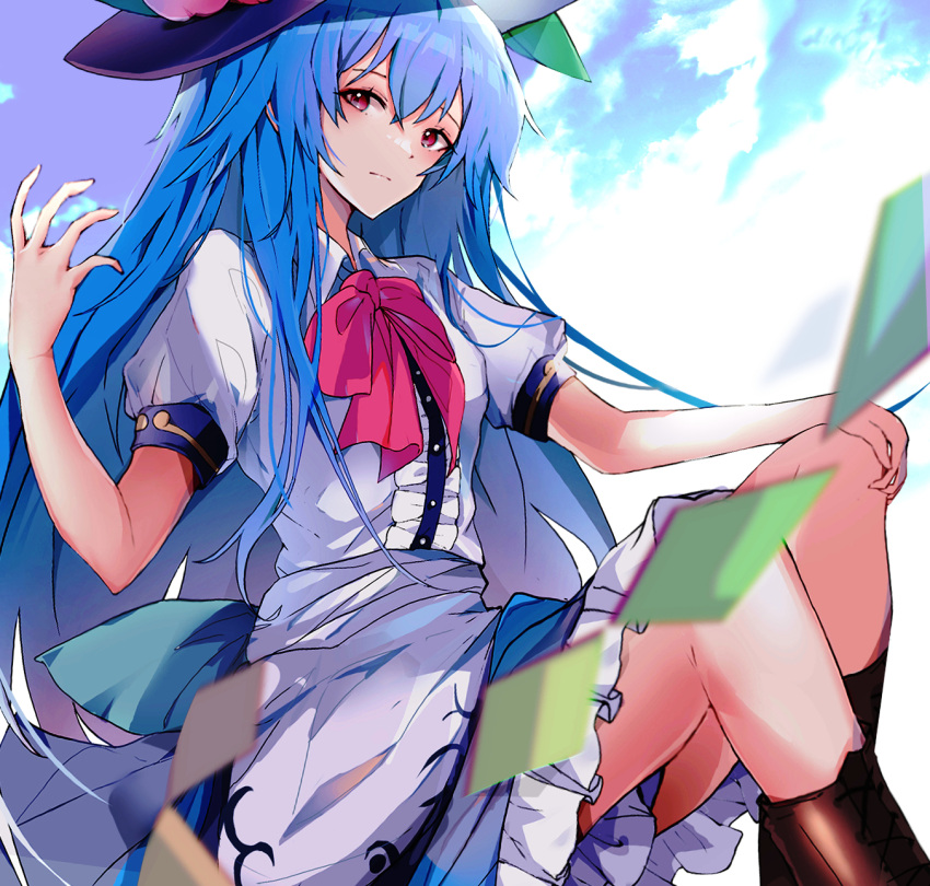 1girl back_bow bangs black_headwear blue_hair blue_sash blush boots bow brown_footwear buttons closed_mouth cross-laced_footwear frills highres hinanawi_tenshi invisible_chair knees krs_(kqrqsi) long_hair looking_at_viewer puffy_short_sleeves puffy_sleeves rainbow_order red_eyes sash short_sleeves sidelocks sitting solo touhou