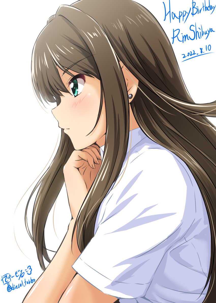1girl blush brown_hair character_name dated diesel-turbo earrings expressionless green_eyes hand_on_own_chin happy_birthday highres idolmaster idolmaster_cinderella_girls jewelry long_hair looking_afar profile shibuya_rin shirt simple_background solo straight_hair stud_earrings upper_body very_long_hair white_background white_shirt