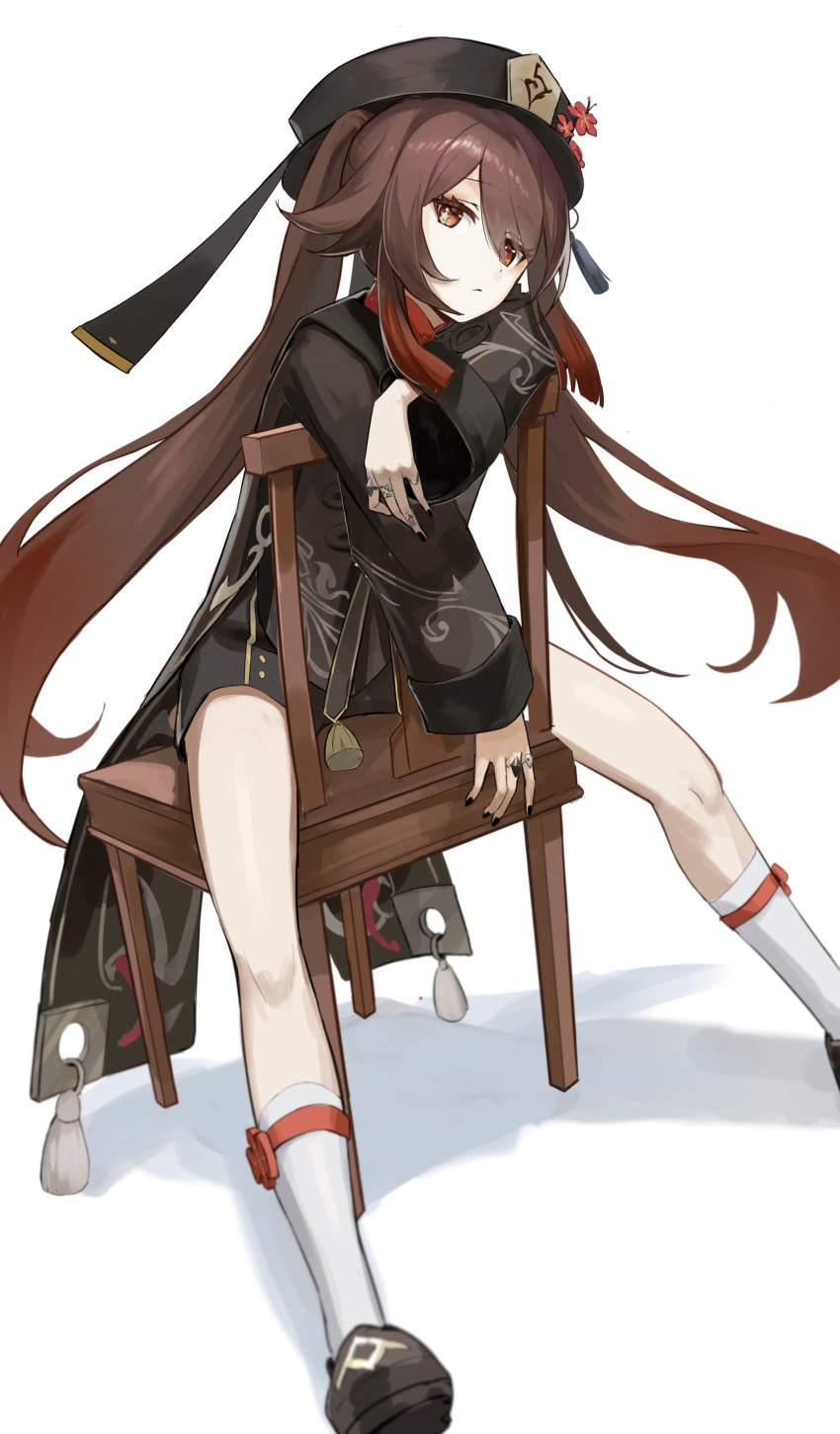 1girl absurdres brown_hair chair chinese_clothes dejio expressionless full_body genshin_impact half-closed_eyes hat highres hu_tao_(genshin_impact) jewelry long_sleeves looking_at_viewer nail_polish red_eyes ring shoes shorts simple_background sitting socks solo white_background wide_sleeves
