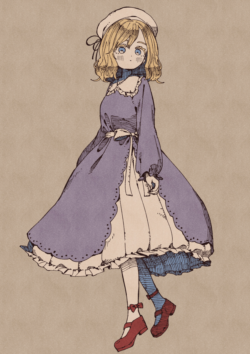 1girl :| absurdres ankle_bow arms_at_sides beret blonde_hair blue_eyes blush bow closed_mouth collared_dress commentary dress expressionless eyebrows_hidden_by_hair fingernails frilled_dress frills full_body hat hatching_(texture) highres layered_dress long_sleeves looking_up maribel_hearn mary_janes medium_hair nama_udon purple_dress red_bow red_footwear shoes simple_background solo touhou white_bow white_dress white_headwear