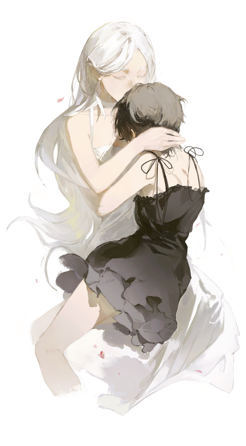 2girls absurdres bangs bare_arms black_dress black_hair closed_eyes collarbone colored_eyelashes covered_mouth cropped_legs dress facing_away falling_petals feet_out_of_frame frilled_dress frills from_side hand_on_another's_neck highres hug long_hair multiple_girls original petals pipi_devil short_hair shoulder_blades simple_background spaghetti_strap swept_bangs white_background white_dress white_hair