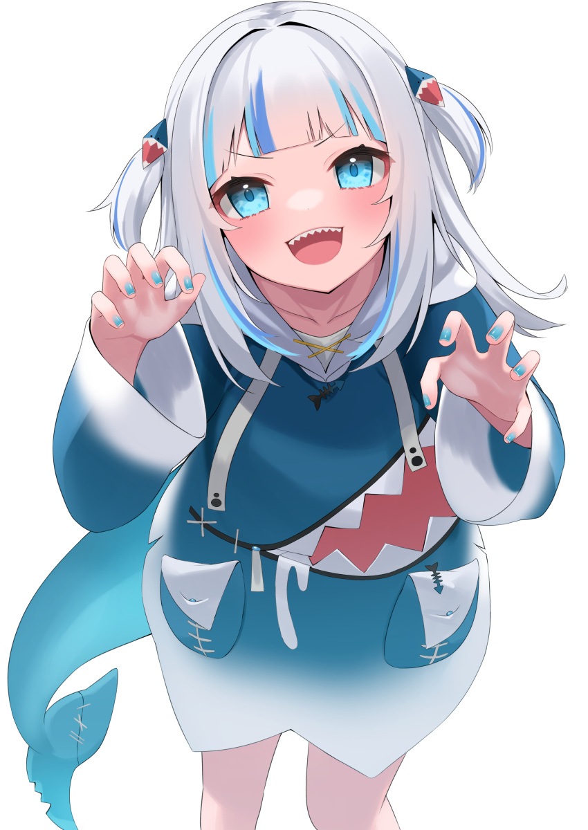 1girl :d absurdres blue_eyes blue_hair blue_jacket blue_nails fingernails fish_tail gawr_gura hashiko_nowoto highres hololive hololive_english jacket looking_at_viewer multicolored_hair nail_polish shark_tail sharp_teeth short_hair simple_background smile solo tail teeth two-tone_hair two_side_up upper_teeth virtual_youtuber white_background white_hair