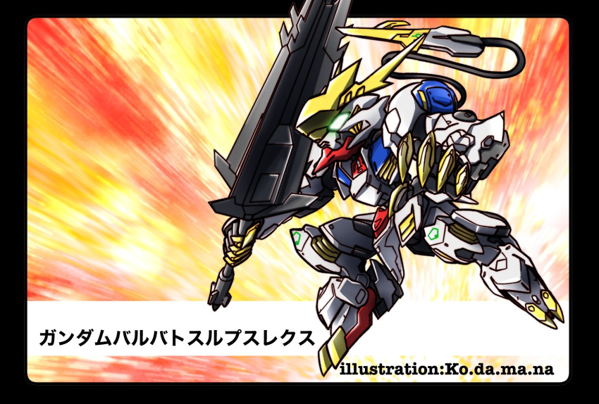 artist_name black_border border cable cable_tail character_name chibi claws glowing glowing_eye green_eyes gundam gundam_barbatos_lupus_rex gundam_tekketsu_no_orphans highres holding_club mecha mechanical_tail mobile_suit no_humans open_hand over_shoulder robot science_fiction solo tail weapon weapon_over_shoulder yuzupapa